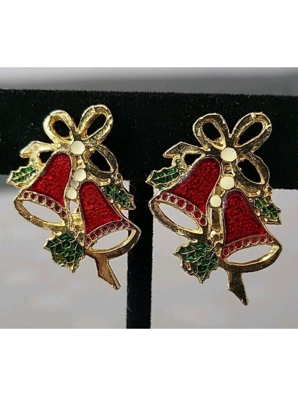 Vintage Clip-on Earrings Golden Christmas Bells Holly Berry Leaves EUC O6